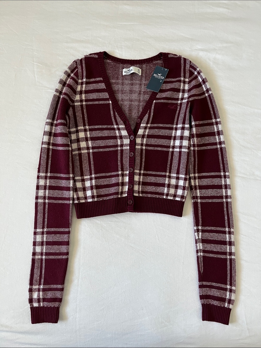 Hollister Burgundy and White Plaid V-Neck Cardigan